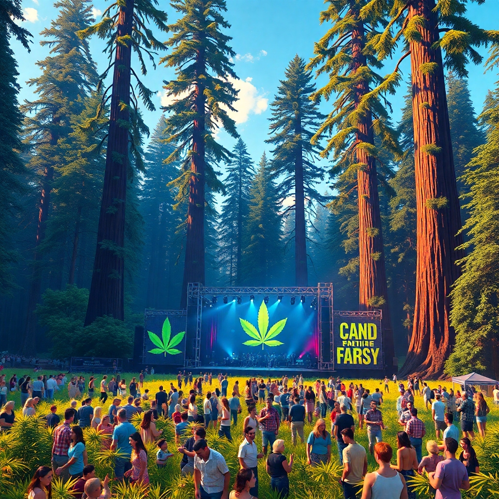 A vibrant, photorealistic illustration of a music festival taking place in a field surrounded by towering redwood trees. The stage is decorated with cannabis leaves and the crowd is enjoying the music and socializing. The image should have a vibrant color palette and a playful, carefree atmosphere.
