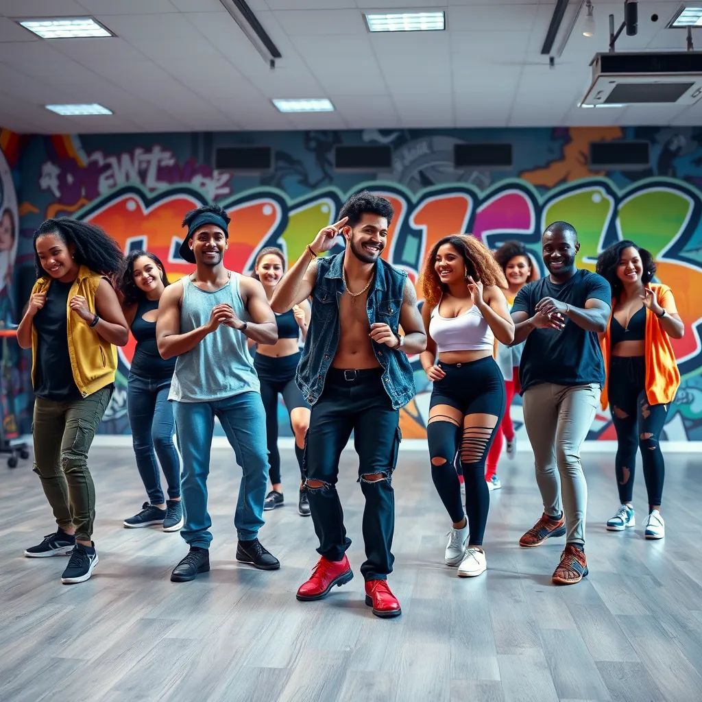 A vibrant studio with a diverse group of people, all wearing stylish street dance attire, learning different urban dance moves from an instructor. They are smiling and enjoying the class. The background should be a colorful mural with graffiti art reflecting the urban street dance culture.