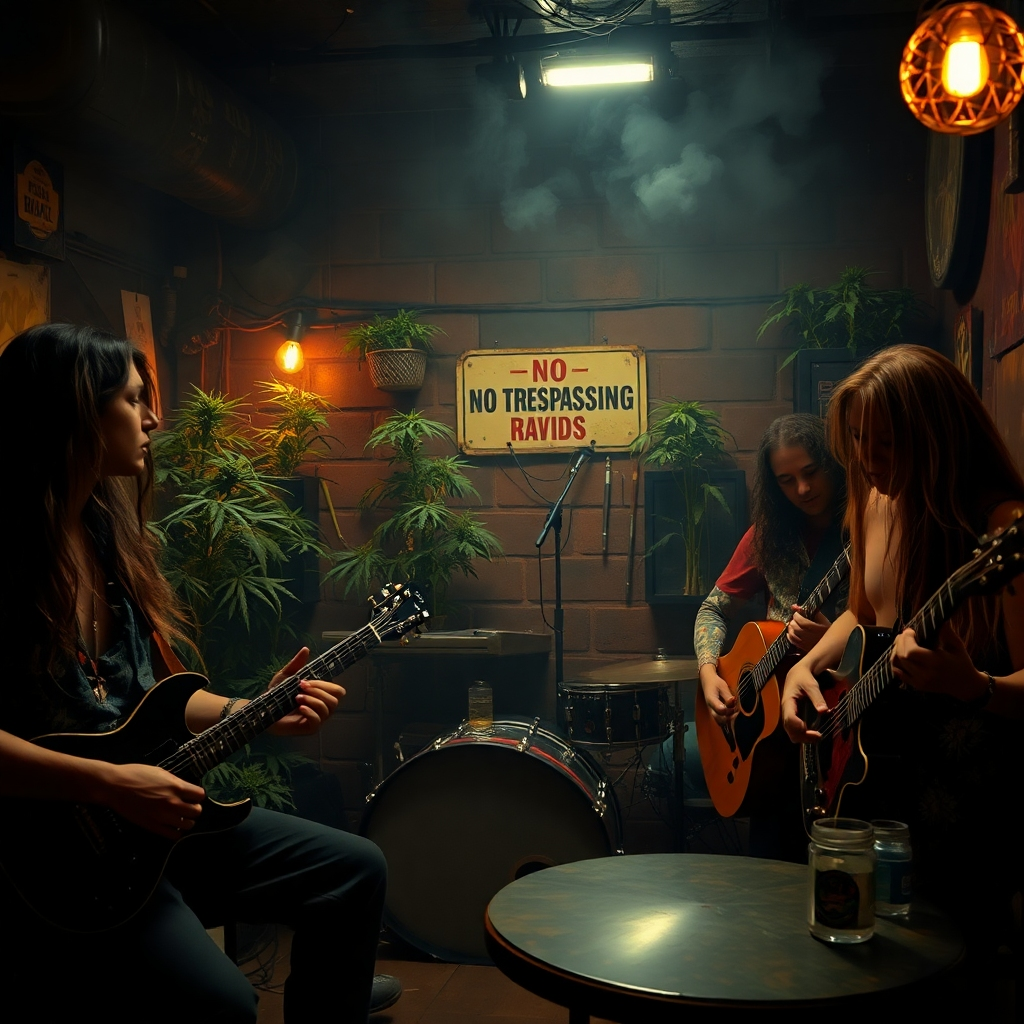 A vintage photograph of a band playing in a dimly lit, smoky bar. The musicians wear bohemian clothing and have long hair. There are marijuana plants growing in the background, and a 'No Trespassing' sign hangs on the wall.