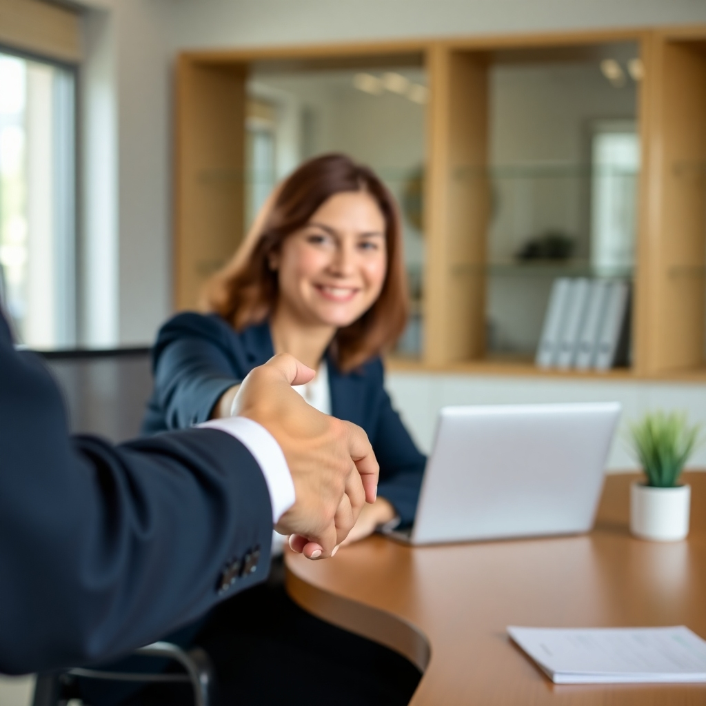 Image of two people shaking hands across a table, with a soft background and warm lighting. The style should be photorealistic.
