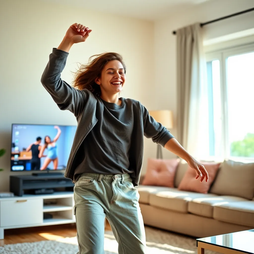  A young person smiling and wearing comfortable clothes, dancing energetically in their living room, with a laptop showing a live online dance class in the background. The lighting is bright and natural, highlighting the joy and freedom of dancing.