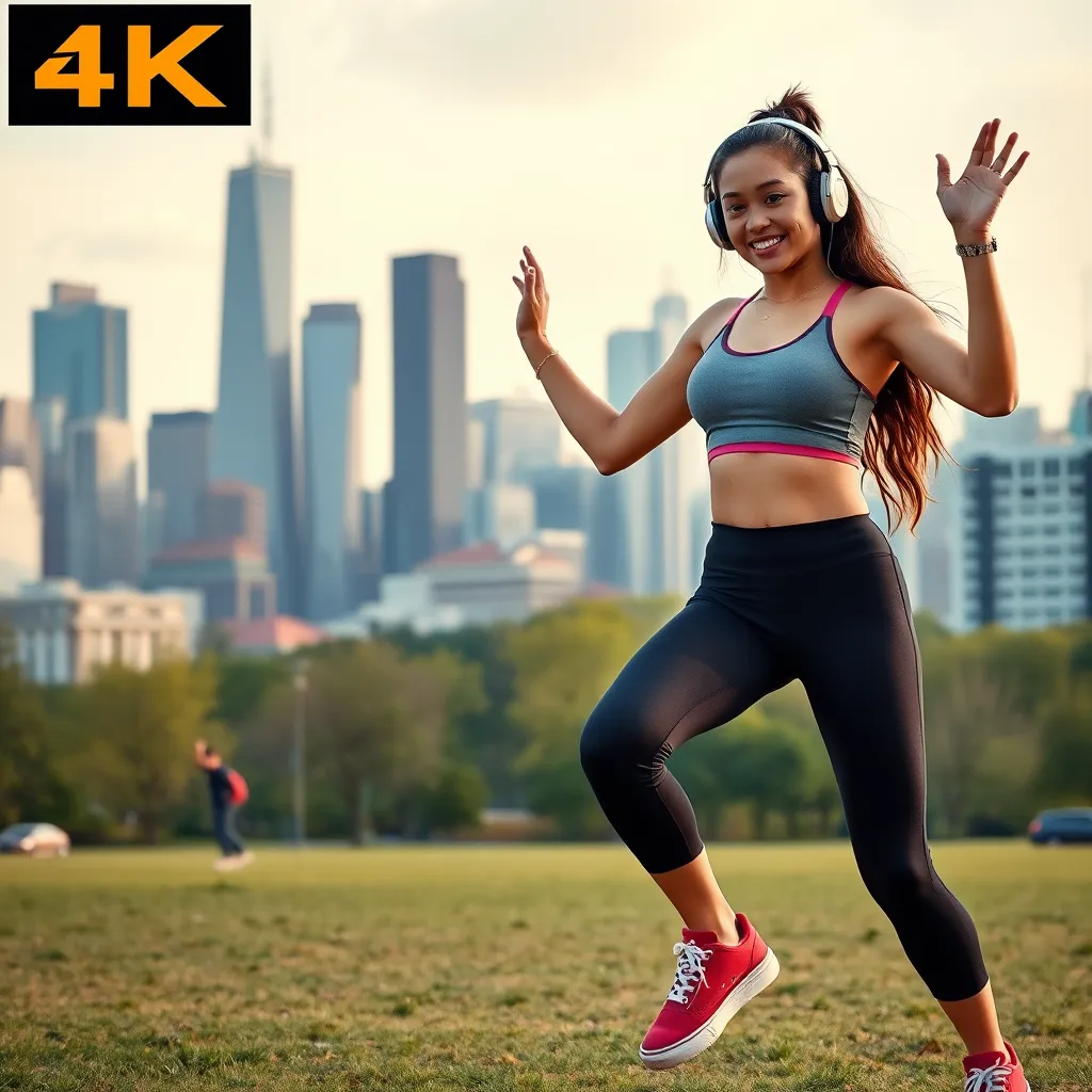 A young woman is confidently practicing urban street dance moves in a large, urban park. She is wearing comfortable activewear and headphones. In the background, a bustling city skyline is visible, symbolizing the accessibility and convenience of learning dance anywhere, anytime.