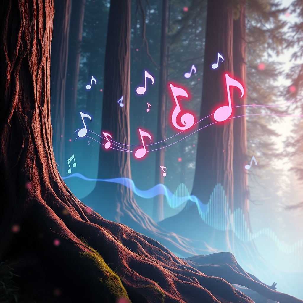 An artistic, surreal depiction of a digital landscape with floating musical notes and waveforms, inspired by the iconic redwood forests of Humboldt County. The background is a mesmerizing blend of redwood bark textures and a digital sky, capturing the essence of the forest's mystical aura. The notes and waveforms are rendered in vibrant colors, reminiscent of the psychedelic culture of Humboldt County. The image should be dynamic and energetic, with a sense of movement and depth, creating an immersive digital experience. The lighting is ethereal and atmospheric, with soft glows emanating from the digital elements. The image should have a futuristic feel, referencing the innovative nature of digital music distribution. The style should be inspired by the works of digital artist Beeple, known for his innovative and mesmerizing digital art.