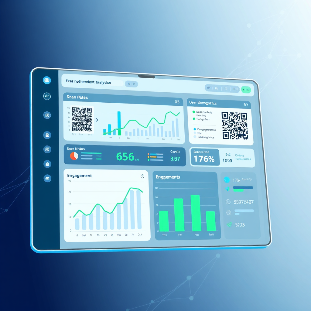 An image visualizing QR code analytics. The image features a stylized dashboard interface displaying graphs and charts representing scan rates, user demographics, and engagement metrics. The background includes subtle data streams and abstract network patterns. The color palette is professional, using blues, greens, and grays to convey data reliability. The lighting is bright and clean, emphasizing the data visualization. The camera angle is slightly angled to give a full view of the dashboard, promoting a sense of comprehensive insight.