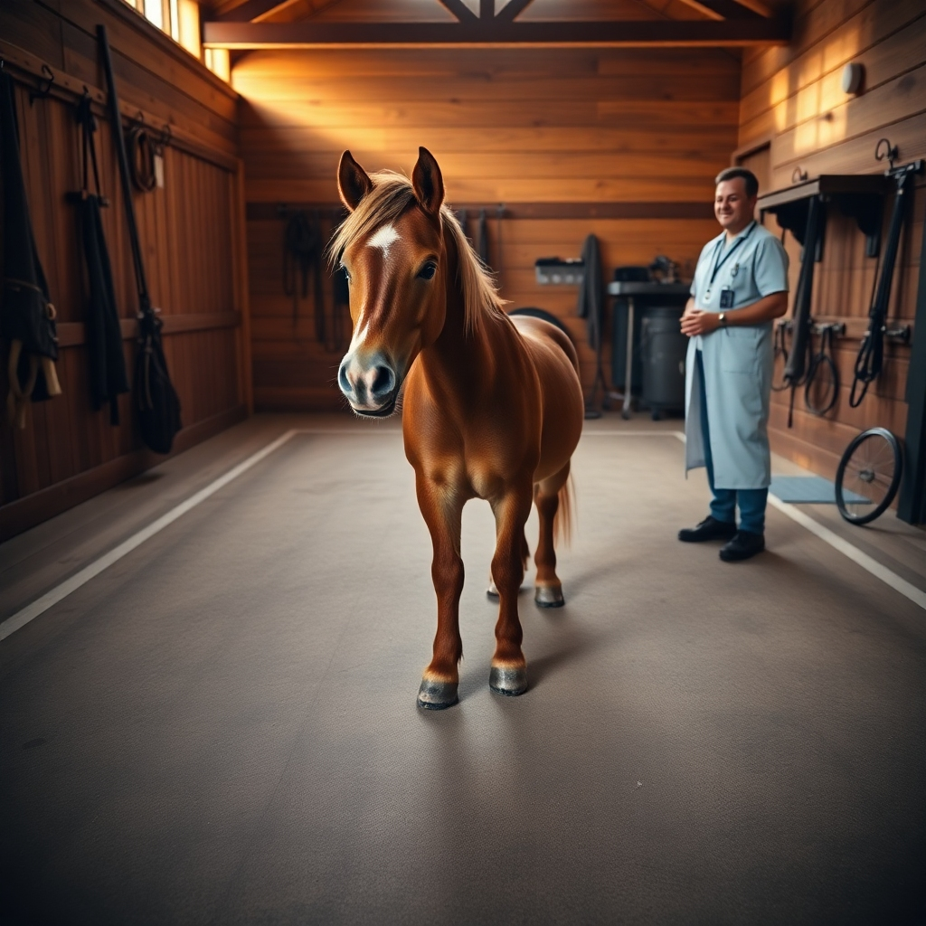 An ultra-high-definition (8K) photorealistic image depicting a serene stable setting bathed in soft, golden morning light. The focus is on a bay pony undergoing rehabilitation exercises under the watchful eye of a kind-faced, experienced equine therapist. The pony, with a calm and content expression, is moving slowly and purposefully around a small, specially designed arena, with visible markings. The therapist interacts calmly, offering gentle guidance. The arena is made of rich, dark-brown wood with a smooth and slightly glossy finish. The background features immaculate, neatly organized tack and equipment, reflecting a tidy and caring environment. The color palette is muted and calming, comprising earthy browns, warm beiges, and calming greys. The textures are highly detailed, highlighting the pony's soft coat, the subtle grain of the wood, and the gleam of the polished metal equipment.  The image is captured at eye level, offering an intimate yet respectful view of the therapy session.  In the style of a National Geographic documentary photograph. The overall mood is one of peace, recovery, and hope.  Emphasis on realistic rendering of the setting, materials, and animal behavior.