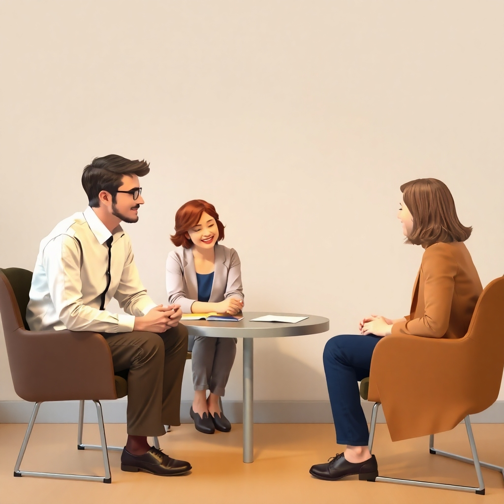 A photorealistic image of a diverse group of professional mediators collaborating, with an emphasis on their friendly and approachable expressions. The background could be a modern, collaborative workspace. The style should be photorealistic with a focus on diversity and teamwork.