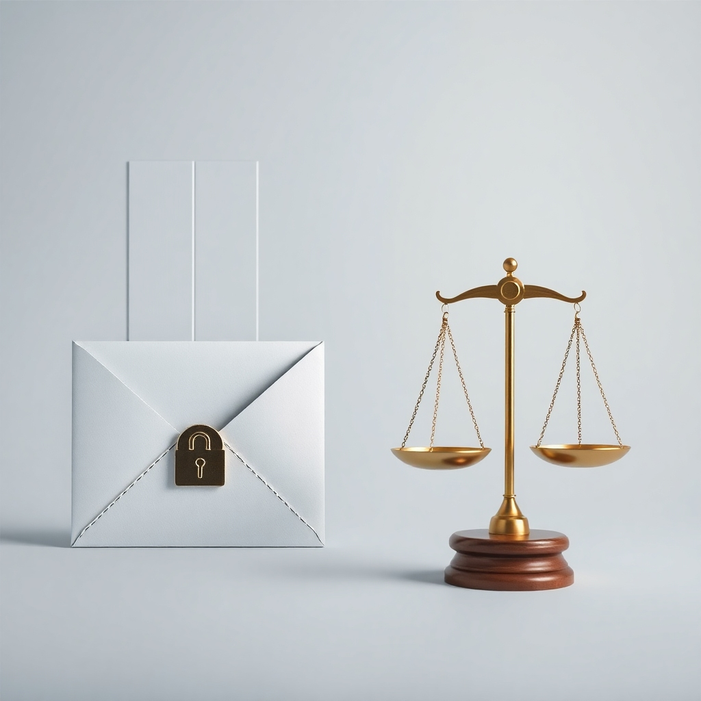 Create an image with symbolic representation of confidentiality: a sealed envelope or a locked door, alongside an image of balanced scales, representing neutrality.  Use a color palette with calming tones.  The style should be photorealistic with a slight symbolic twist.