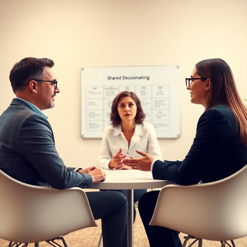 Generate a photorealistic image of a mediator guiding two individuals through a discussion. Use a warm color palette, soft lighting to create a calming atmosphere. The mediator should have a reassuring demeanor. The composition should emphasize collaboration and mutual understanding.  The scene should be set in a neutral office space, possibly with a whiteboard displaying a shared decision-making chart. The style should reference professional settings that invoke trust and respect.