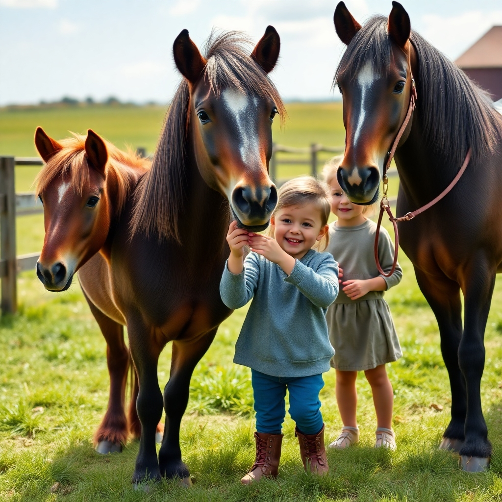 Generate a photorealistic, ultra-high quality 8K resolution image depicting a heartwarming scene at a UPCRA United Pony Club Rehoming Association event. The composition should feature three ponies of different breeds and sizes – a Shetland pony, a Welsh pony, and a larger riding pony – interacting gently with three children of diverse ethnic backgrounds, ages 8-12.  The ponies should be well-groomed and appear happy and healthy, exhibiting calm and friendly behavior. The children should be smiling and engaging with the ponies, possibly brushing them or feeding them treats.  The lighting should be soft and natural, mimicking a sunny day with gentle shadows, creating a warm and inviting mood. The color palette should be vibrant yet natural, emphasizing the rich browns and blacks of the pony coats, the bright greens of a lush pasture setting, and the varied colors of the children's clothing. The camera angle should be slightly elevated, offering a wide shot that captures the entire scene in a picturesque, open field. The texture of the ponies' coats should be highly detailed, showing the softness of their fur and the shine of their coats.  The pasture should exhibit a variety of textures, from the soft grass to the slightly rougher ground.  In the background, subtly include a rustic wooden fence and hints of a barn, suggesting a safe and idyllic farm setting. The overall style should evoke the feeling of a classic children's book illustration, capturing a sense of joy, trust and companionship.  The image should have a hyperrealistic quality, aiming for a level of detail usually only found in high-end professional photography, rendering every strand of hair on the ponies and the textures of the surrounding environment with remarkable clarity. Include subtle details like sparkling dew drops on the grass and the soft movement of the ponies' manes in a light breeze.  Post-processing should enhance the image's vibrant colors and natural luminosity. The overall mood should be one of gentle happiness, innocence and hope.  Reference images from famous animal photographers like Nick Brandt and wildlife documentaries for inspiration., ultra high resolution, photorealistic, 8K, hyperdetailed, cinematic lighting