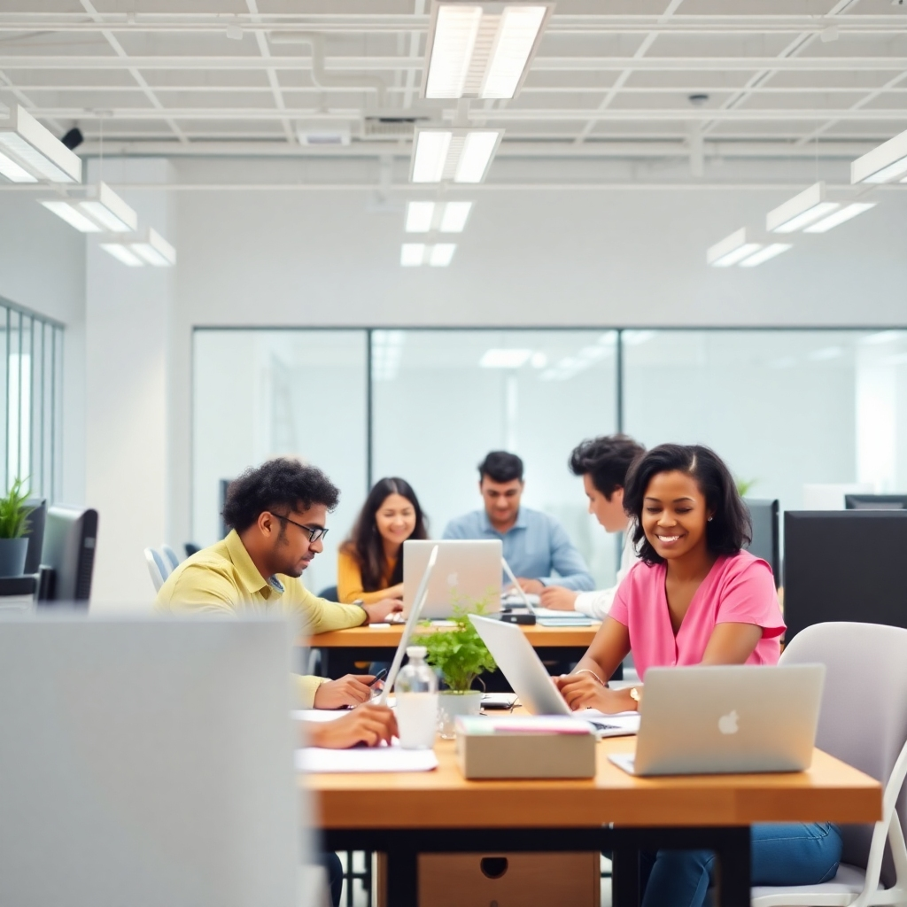 Image depicting a calm and productive workplace scene with diverse employees working together, with neutral tones and bright lighting.  The style could be photorealistic with focus on workplace harmony.