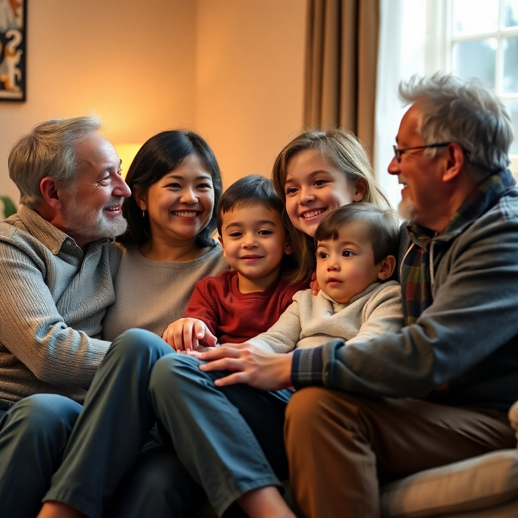Image depicting a family sitting together amicably, with warm lighting, conveying a sense of unity and understanding. The style could be photorealistic or slightly stylized to soften the mood.