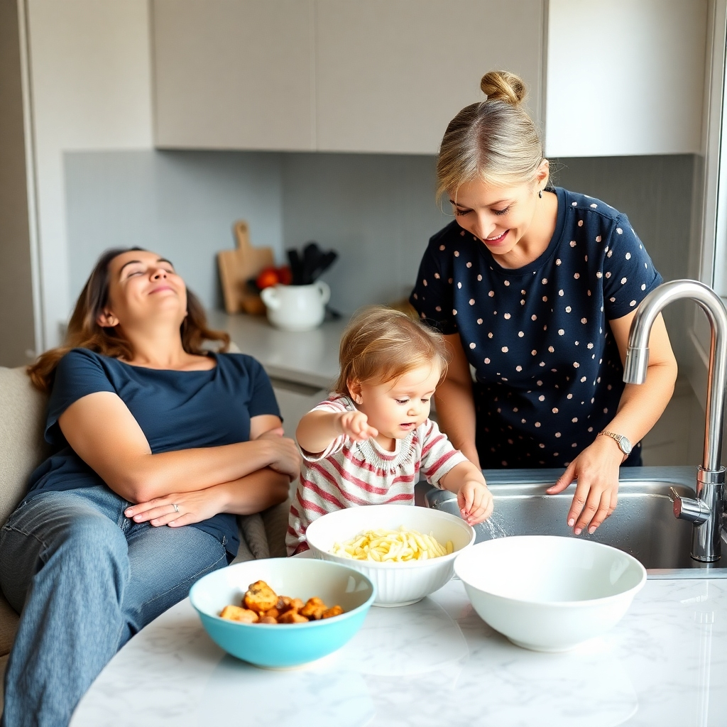 A photorealistic image depicting a happy, relaxed mother spending quality time with her child in a clean and organized home. The home is stylish but not overly cluttered, with soft natural light coming from a window.  The mother and child are interacting playfully and positively. The background should suggest the presence of a recently completed chore, like dishes in the dishwasher.