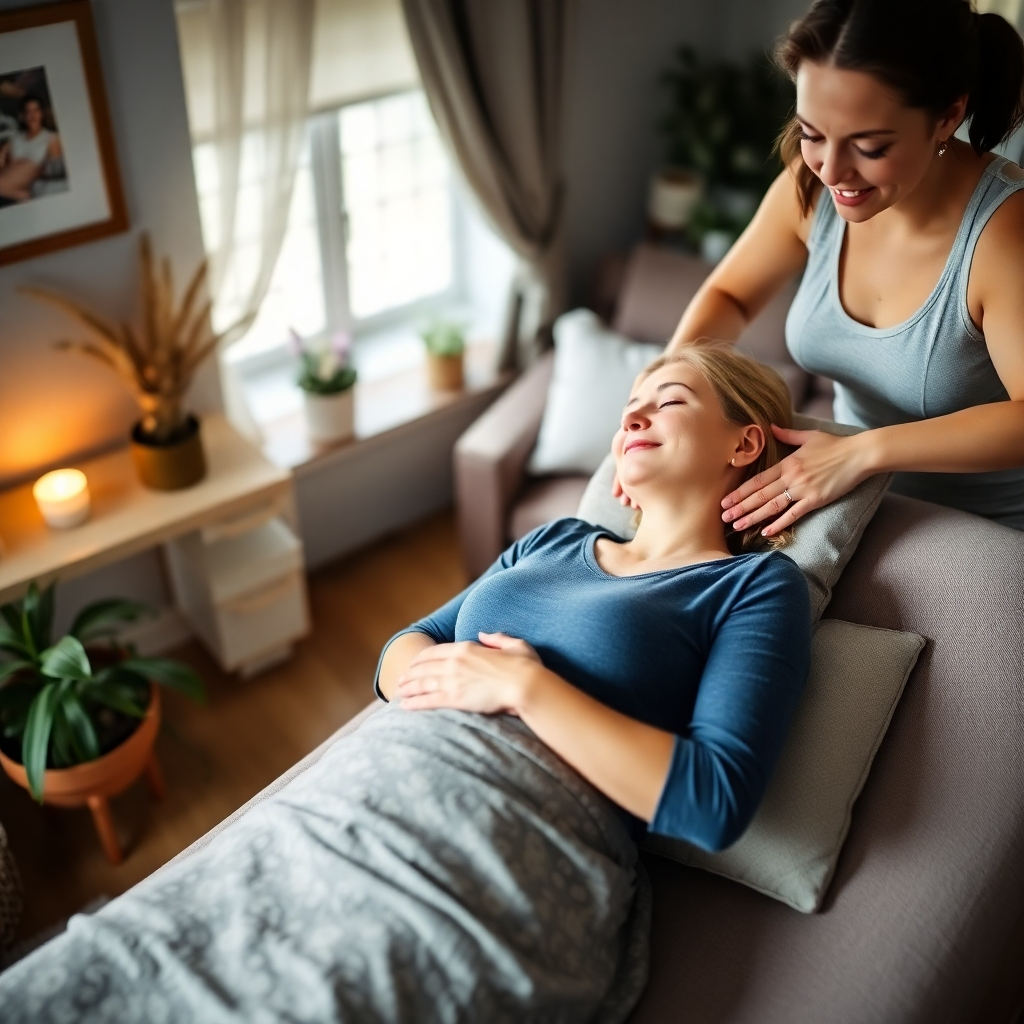A photorealistic image of a mother relaxing on a comfortable couch at home while a therapist gently massages her shoulders. Natural lighting, soft background, and an atmosphere of calm and comfort. Focus on the interaction, showcasing a sense of trust and relaxation. High-resolution and detailed image.