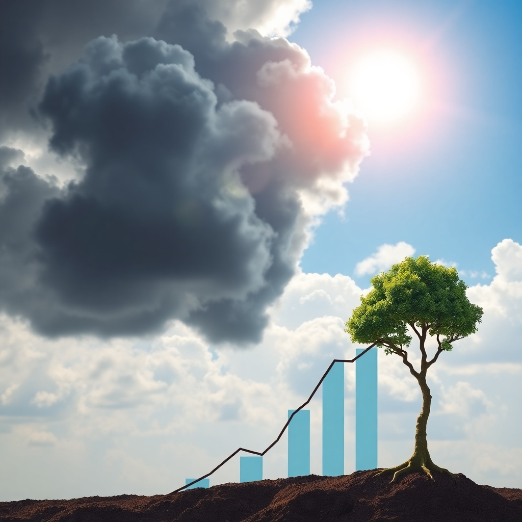 Image symbolizing business growth, such as a flourishing tree or a growing graph, and showing the contrast between the conflicts (represented by dark clouds) and the resolution (sunny sky).  The style could be stylized or photorealistic.