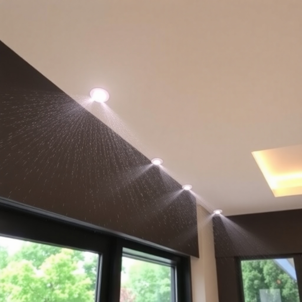 A detailed image of a modern home's interior with visible sprinkler heads discreetly installed in the ceiling. In the foreground, there is a well-maintained fire hydrant with clear signage, connected to an underground water system with visible pipes. The house exterior is shown with a neatly trimmed lawn, emphasizing safety measures. The lighting should be realistic, and the focus is on the quality of the equipment.