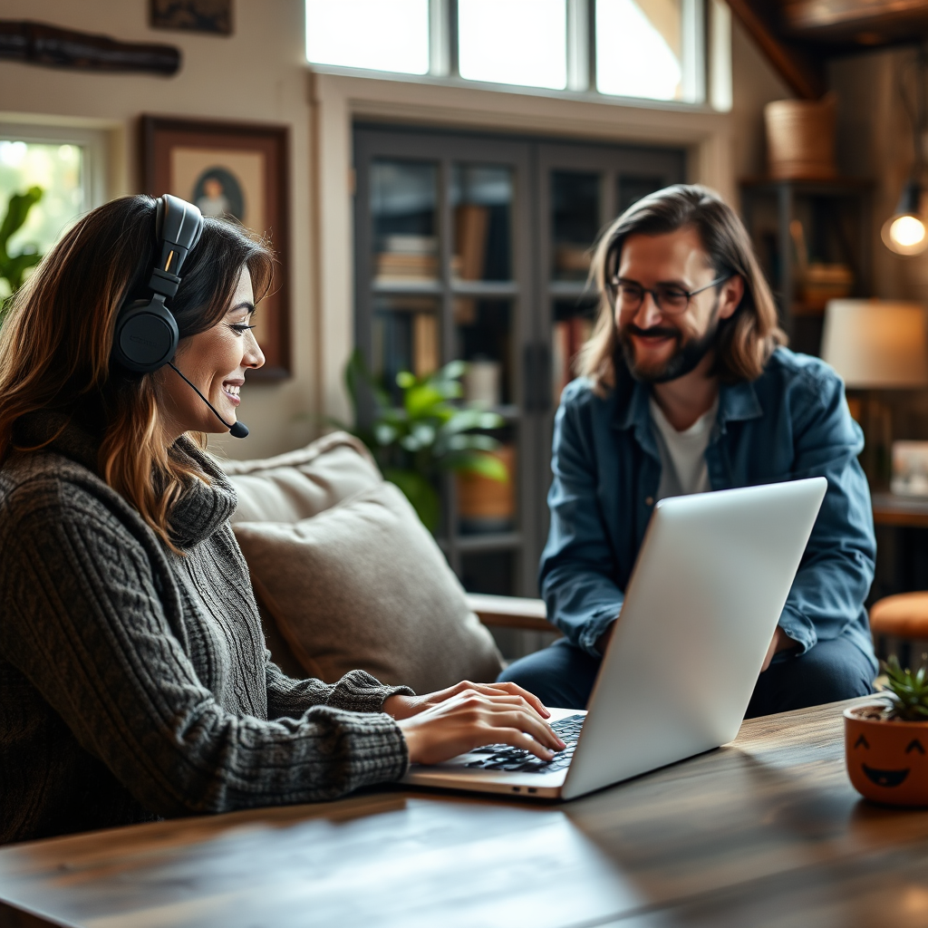 Person receiving technical support on a laptop with a friendly consultant
