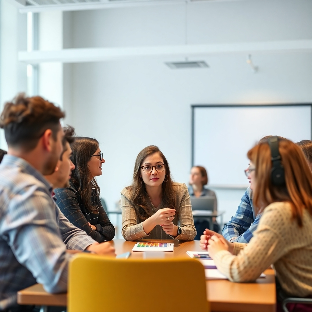 Photorealistic image of a group of people engaged in a workshop, with a focus on collaborative discussion and learning. The style could be photorealistic.