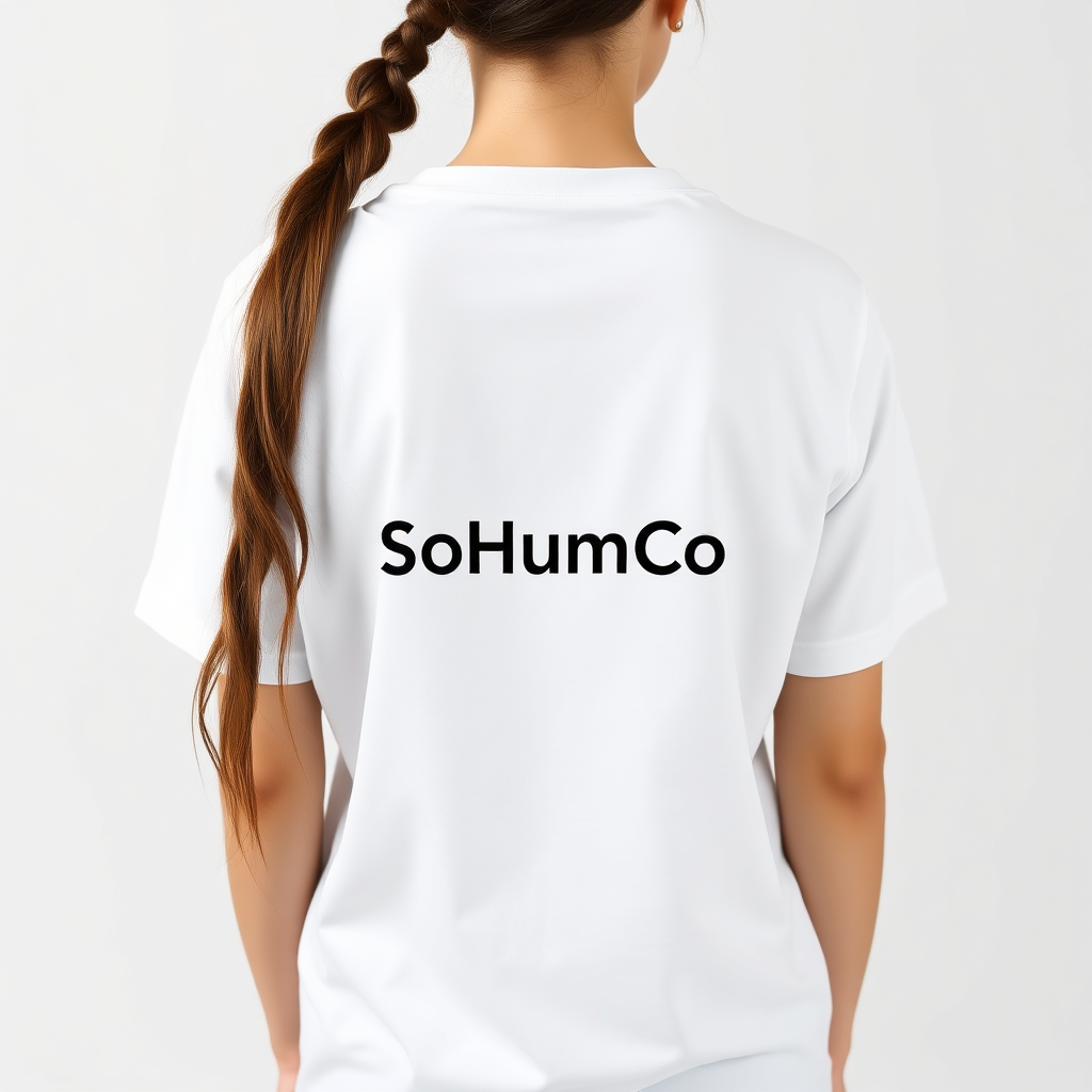 Female wearing SoHumCo logo t-shirt, viewed from the back