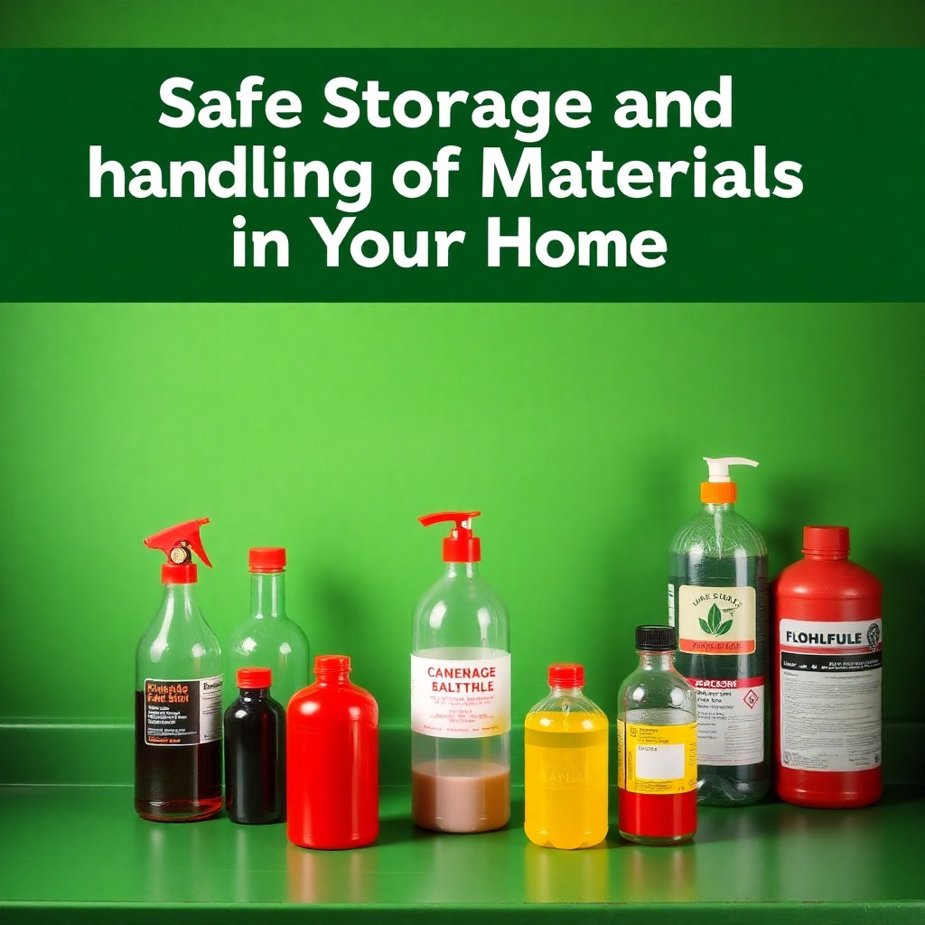 A photorealistic image showing two contrasting scenes: one showcasing correctly stored flammable materials in a locked, fire-resistant cabinet in a garage and another showing improperly stored flammable materials haphazardly placed in an open area, with a warning sign about fire hazards.