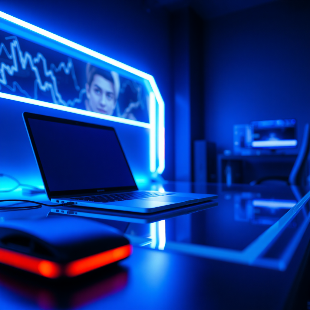 Escritorio tecnológico con iluminación neón azul