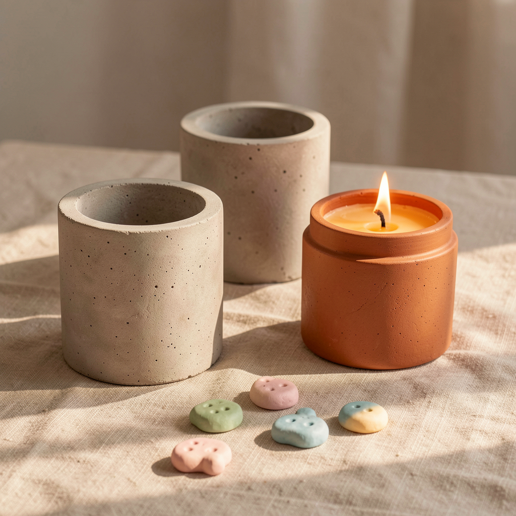 Artisanal concrete vases, candles, and clay charms beautifully arranged on natural linen