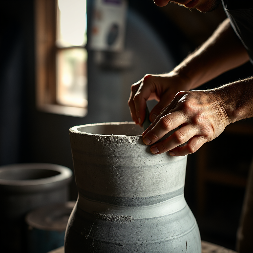 Artisan crafting cement vase