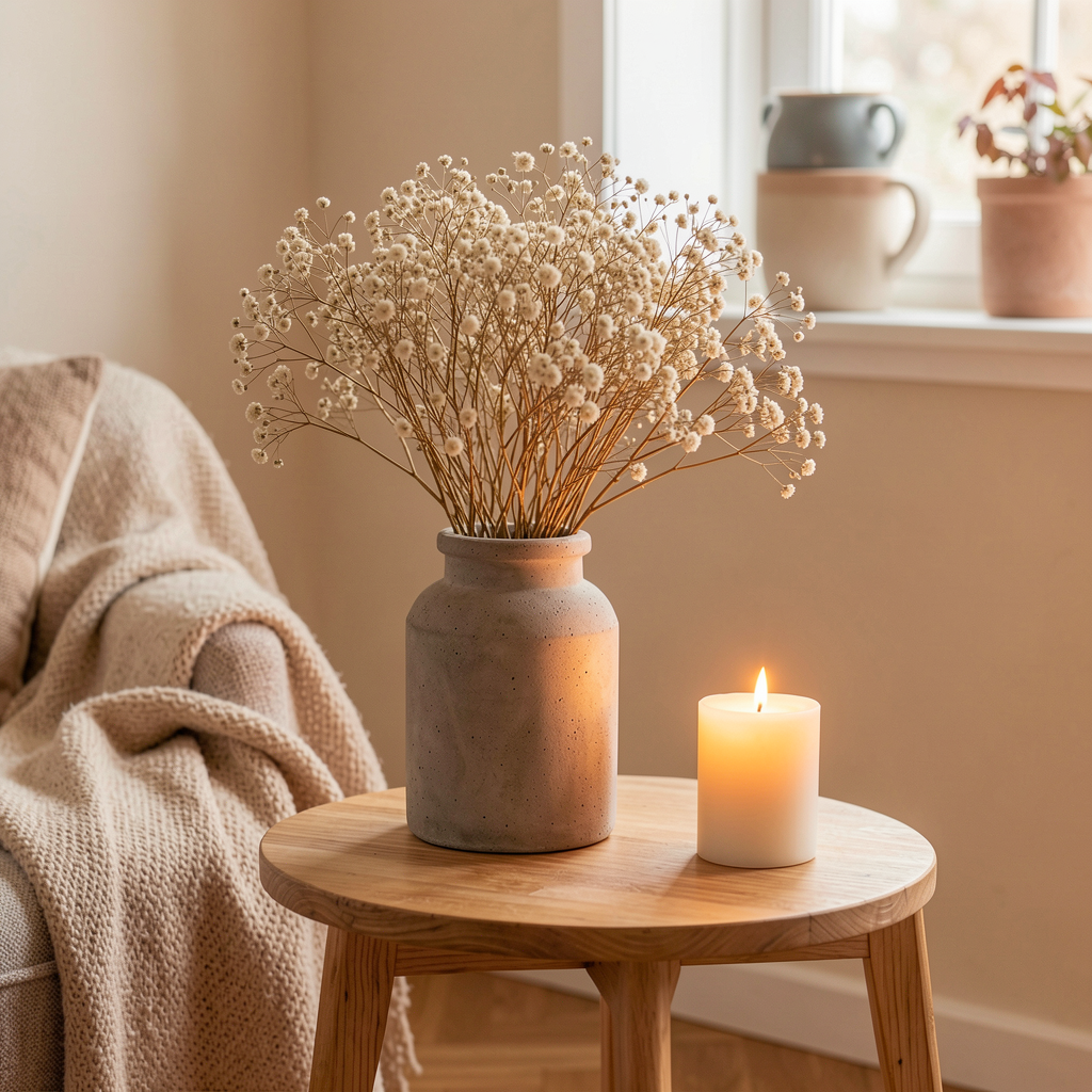 Sage concrete vase styled cozy at home
