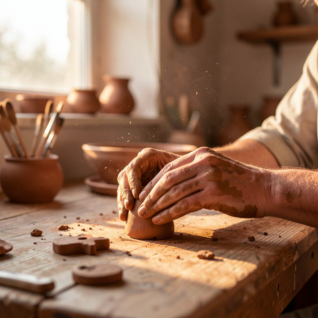 Artisan hands shaping a clay charm in a sunlit Oregon studio
