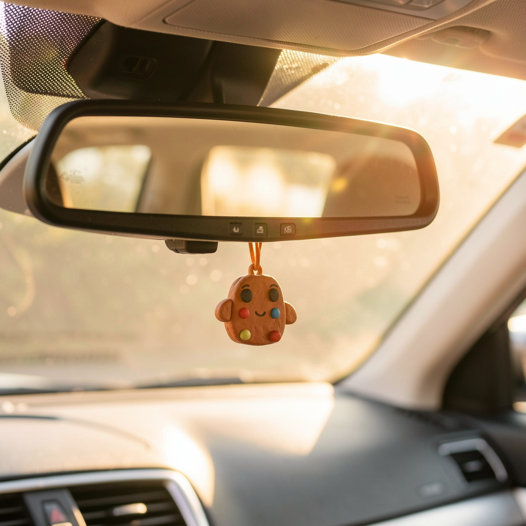 Clay charm hanging on rearview mirror