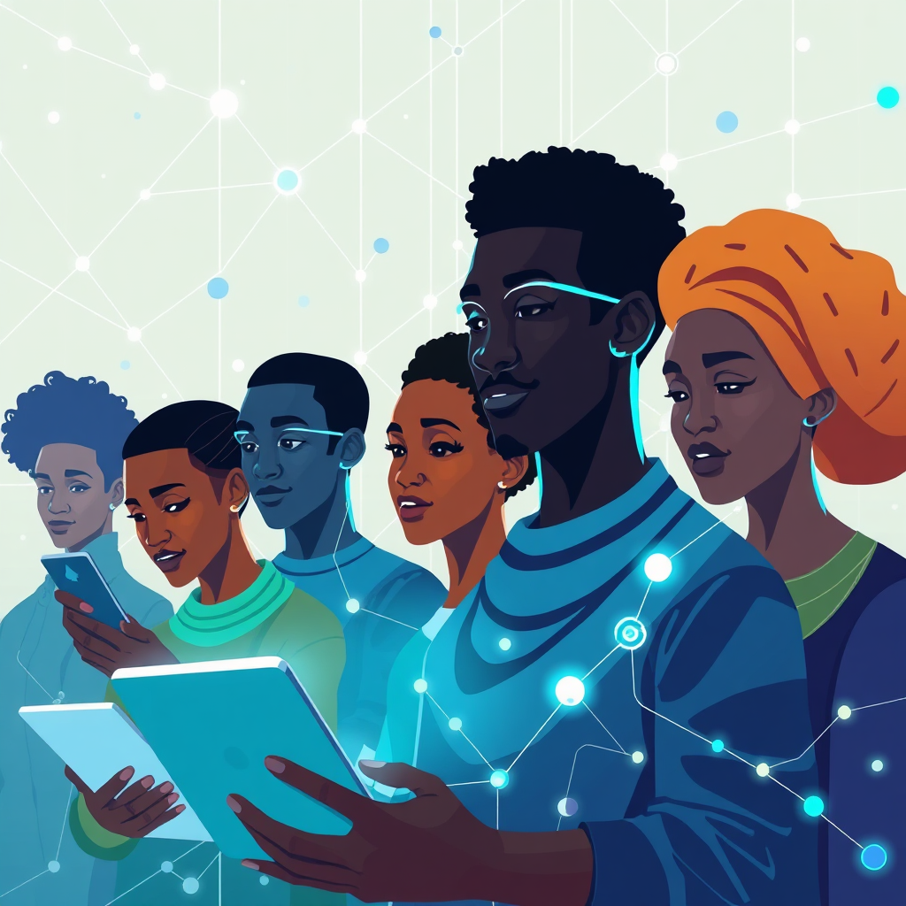 Illustration of African people using digital technology for empowerment
