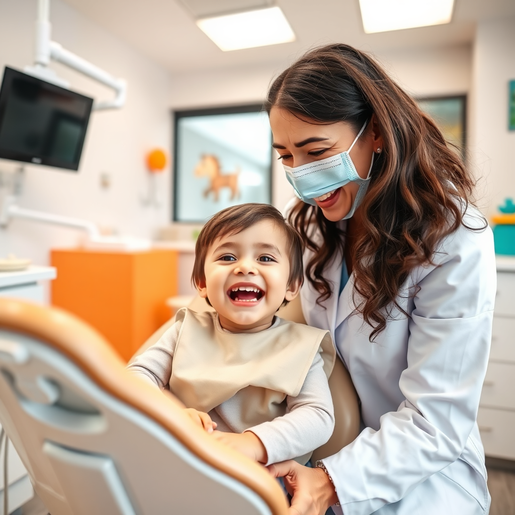 Dentist interacting with a happy child
