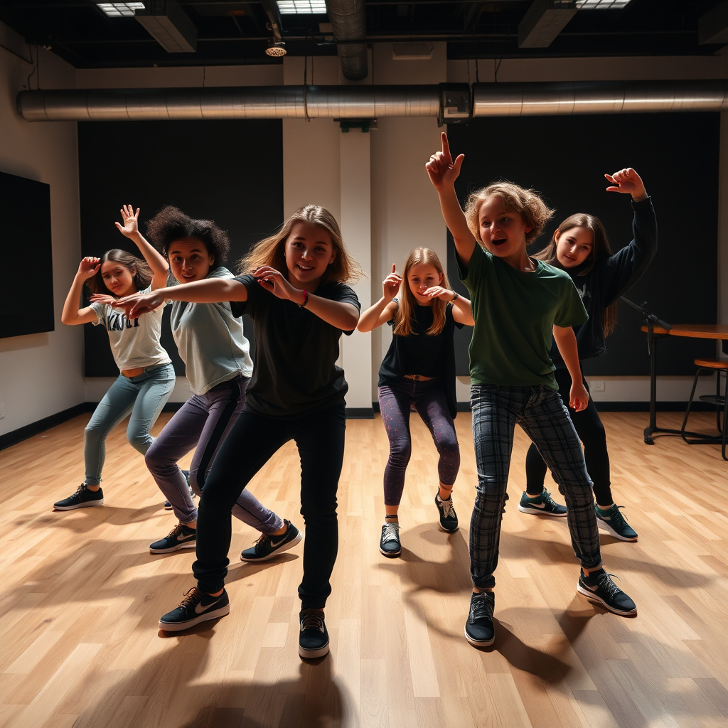 Teenagers learning hip hop dance