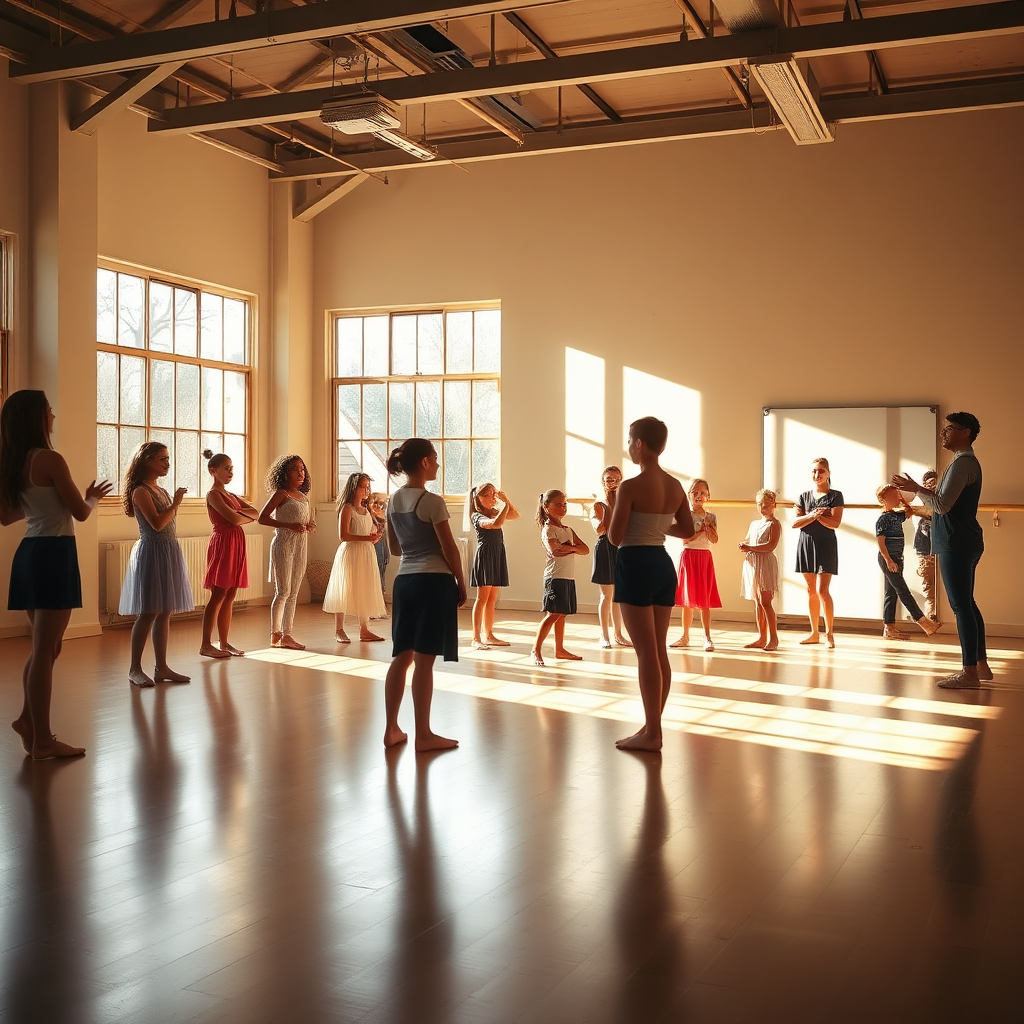 Students and instructor in a bright dance studio