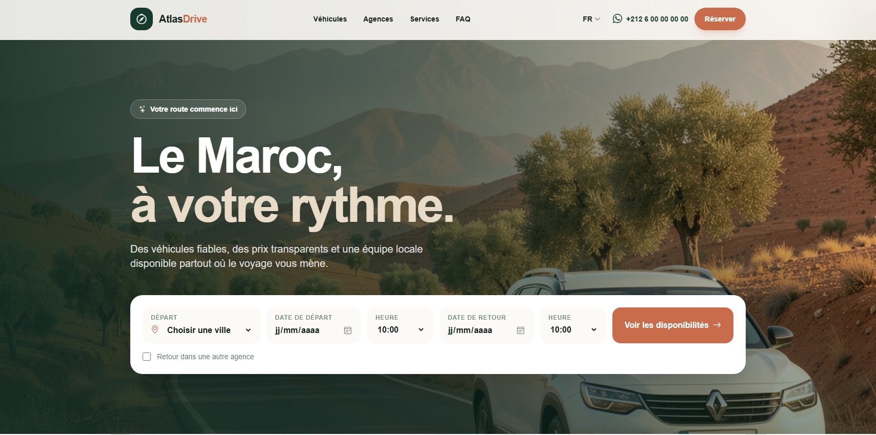Aperçu du site web de location de voitures