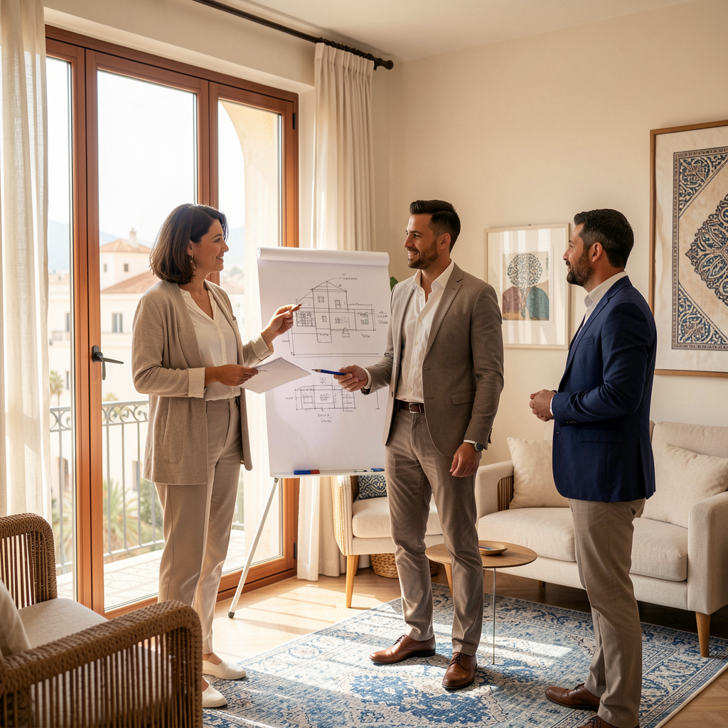 Conseillère immobilière accompagnant des clients