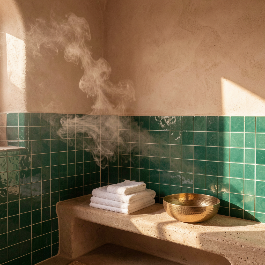 Zellige vert et vapeur douce dans le spa