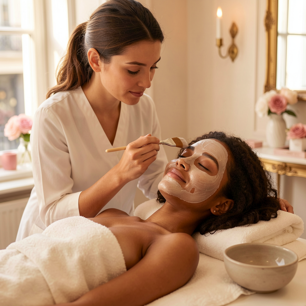 Application d’un masque lors d’un soin du visage
