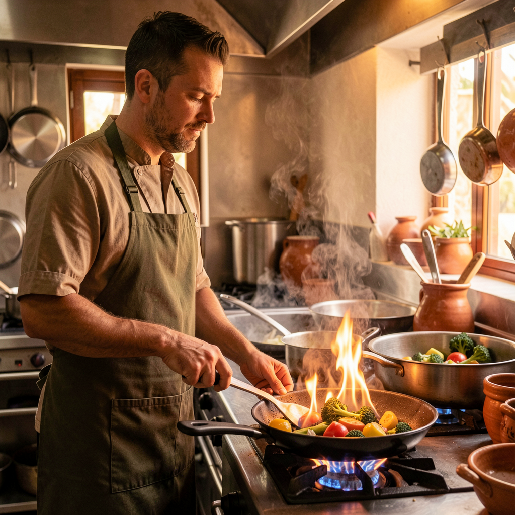 Chef cocinando al fuego