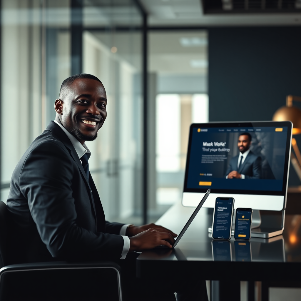 Business owner with website devices