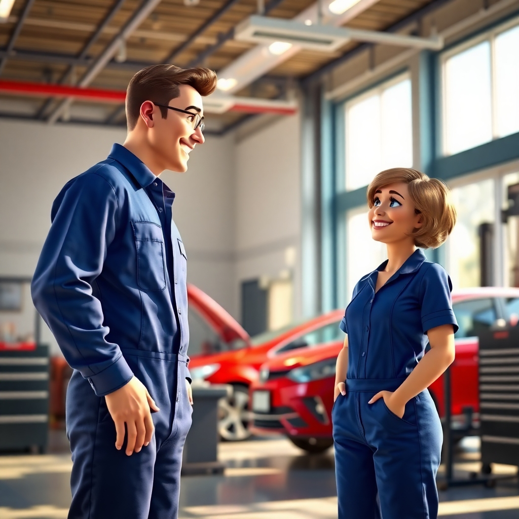 Generate a photorealistic, ultra-high quality header image for M Auto Service. The image should feature a modern, well-lit auto service center with a clean and inviting atmosphere. The center should have a variety of vehicles being serviced in the background, with a focus on a single mechanic working on a car in the foreground. The mechanic should be wearing a uniform and using professional tools. The lighting should be warm and inviting, with natural light filtering through large windows. The color palette should be composed of earthy tones, blue, and bright red accents, creating a sense of trust and reliability. The camera angle should be a low-angle shot, emphasizing the scale of the service center and highlighting the mechanic's expertise. Focus on realistic textures, such as the polished metal of the tools and the rubber of the tires. Include subtle details, such as a tool rack, a hanging banner with the M Auto Service logo, and a clear, informative sign with the company name. The style should be similar to high-quality car advertisements, conveying a sense of professionalism and quality service. Generate this image in 8K resolution and with hyperrealistic detail., ultra high resolution, photorealistic, 8K, hyperdetailed, cinematic lighting