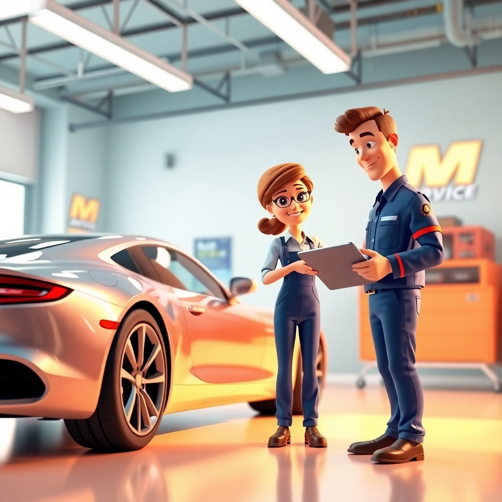 A cheerful customer interacting with a service advisor at the front desk of an auto shop. The advisor is handing the customer a clear and detailed invoice, while the customer is smiling and looking satisfied.