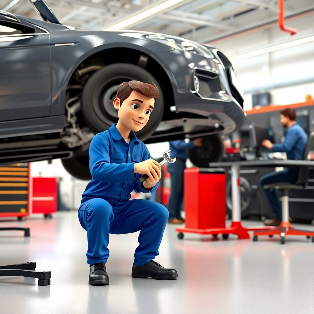 A close-up shot of a mechanic meticulously inspecting a car engine, using a high-tech diagnostic tool. The image should focus on the mechanic's concentrated expression and the advanced technology being utilized.