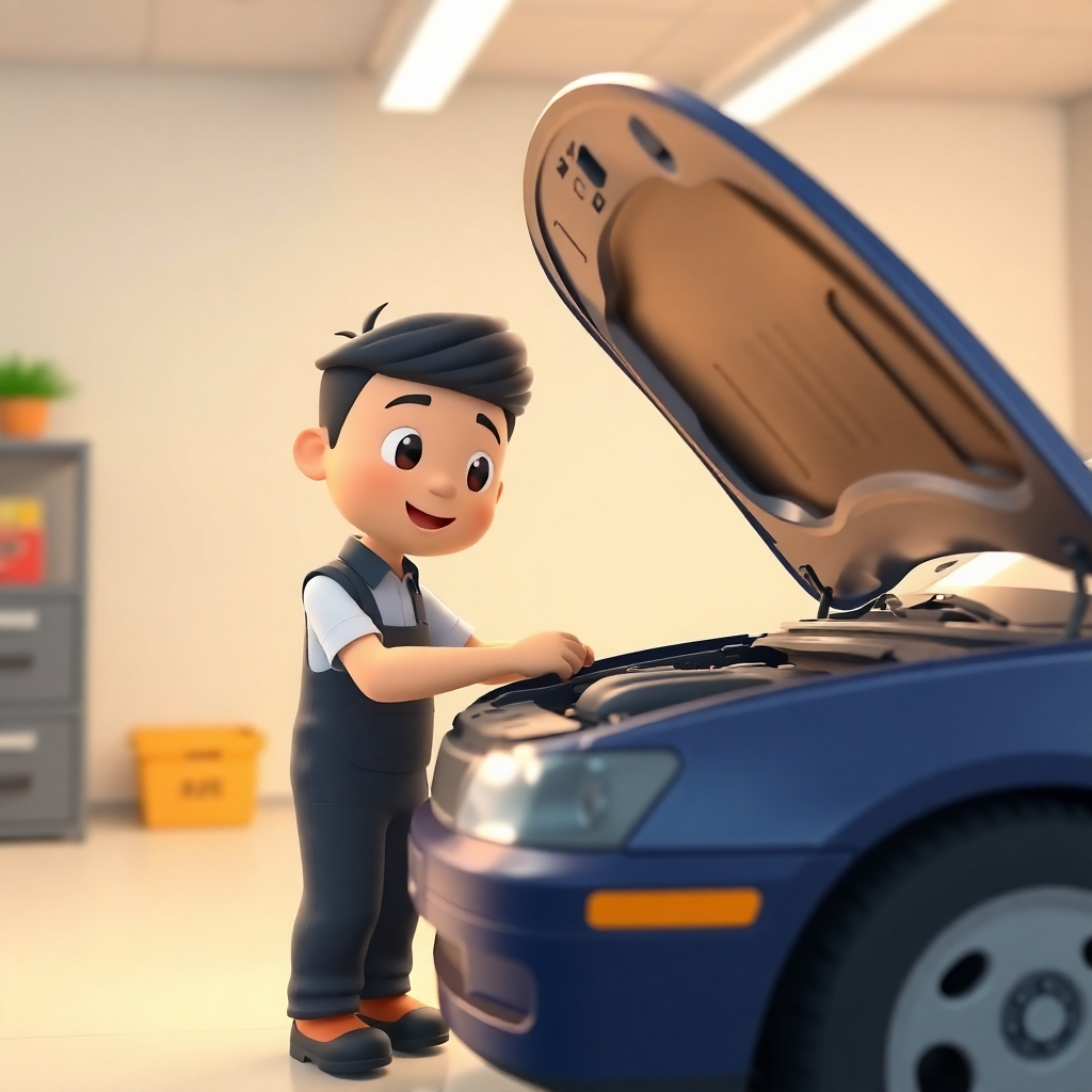 A dramatic, high-contrast image of a mechanic, wearing a black jumpsuit and a headlamp, performing a thorough inspection of a car's engine. The mechanic is using a high-powered flashlight to illuminate the engine compartment, revealing the complex wiring and components. The car is positioned in a well-lit garage with tools and equipment surrounding it. The scene is illuminated by a combination of natural light streaming through the garage door and artificial light from overhead fixtures. The image should capture the mechanic's focused and attentive demeanor as he meticulously inspects the engine, highlighting the expertise and thoroughness of the service. The camera angle should be low and close-up, emphasizing the mechanic's face and the engine's intricate details. The image should be rendered in hyperrealistic style, with a focus on capturing the texture and materials of the tools, the engine, and the mechanic's work environment. The overall mood should be one of seriousness and precision.