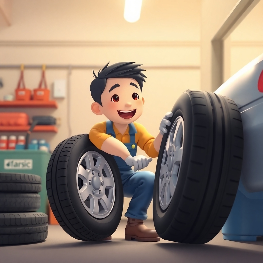 A vibrant, high-contrast image of a technician, wearing a red jumpsuit and a pair of safety glasses, changing a tire on a silver sedan. The technician is using a tire iron to loosen the lug nuts while another technician uses a hydraulic jack to lift the car. The scene is bathed in bright, natural light streaming through a large garage door. The new tire is placed next to the car, and a set of four tires are neatly stacked on a rack in the background. The image should depict the efficiency and skill of the technicians, showcasing the clean and organized environment of the garage. The camera angle should be eye-level and close-up, emphasizing the interaction between the technician and the car. The image should be rendered in 8K resolution, with a focus on capturing the intricate details of the tools, the tires, and the vehicle's bodywork. The overall mood should be one of speed and precision.