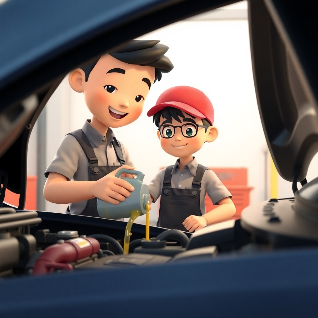 A photorealistic image of a mechanic, wearing a blue jumpsuit and a baseball cap,  changing the oil of a modern SUV. The mechanic is using a wrench to loosen the drain plug. The scene is lit by soft diffused lighting from a fluorescent light fixture overhead, casting a warm, inviting glow on the mechanic and the vehicle.  The vehicle is positioned on a hydraulic lift, with the engine compartment open. The oil change tools, including a new oil filter, a drain pan, and a funnel, are neatly arranged on a workbench. The background is a clean, well-lit garage with tools and equipment organized on shelves. The image should capture the professionalism, expertise, and meticulousness of the oil change service. The overall mood should be one of efficiency and reliability. The image should be rendered in ultra-high resolution, with a focus on realistic textures and details of the tools, the vehicle, and the mechanic's work area.  The camera angle should be slightly elevated, providing a good view of the mechanic's hands as he performs the oil change.