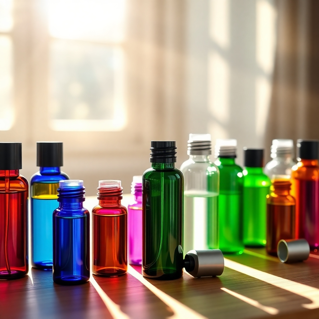 A brightly lit, aesthetically pleasing image featuring several different essential oil roller bottles in a variety of colors. The bottles are arranged on a light wooden surface.  Sunlight streams in from a window, creating a warm and inviting atmosphere. Focus on the vibrant colors and the overall feeling of wellness.