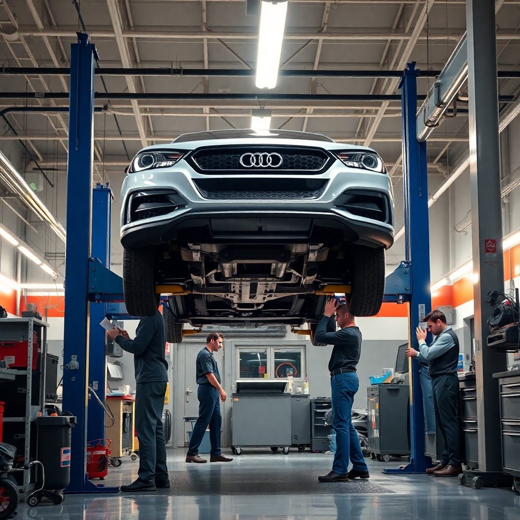 A brightly lit auto service bay with a car lifted on a hoist. Mechanics are performing various services, such as an oil change, tire rotation, and brake inspection. The image should showcase the breadth of services offered, with a focus on professionalism and efficiency.