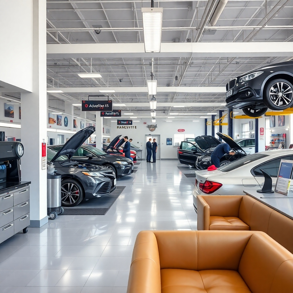 A clean and well-lit auto repair shop with various technicians working on different cars. The shop is organized with clear signage and displays of tools and equipment. There's a waiting area with comfortable seating and a coffee machine.