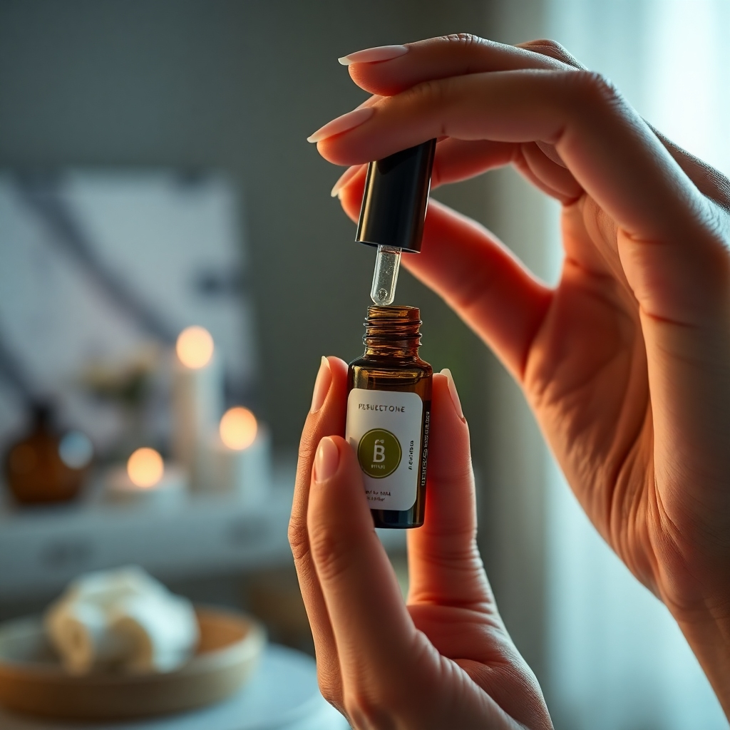 A close-up, photorealistic image focusing on a person's hand gently applying a rollerball bottle of essential oil to their temple. The bottle should be clearly visible and display high-quality labeling. In the background, subtly out of focus, show calming imagery such as a spa setting or nature. The lighting should be soft and focus the viewer's eye on the application process, showcasing the ease and comfort of use.