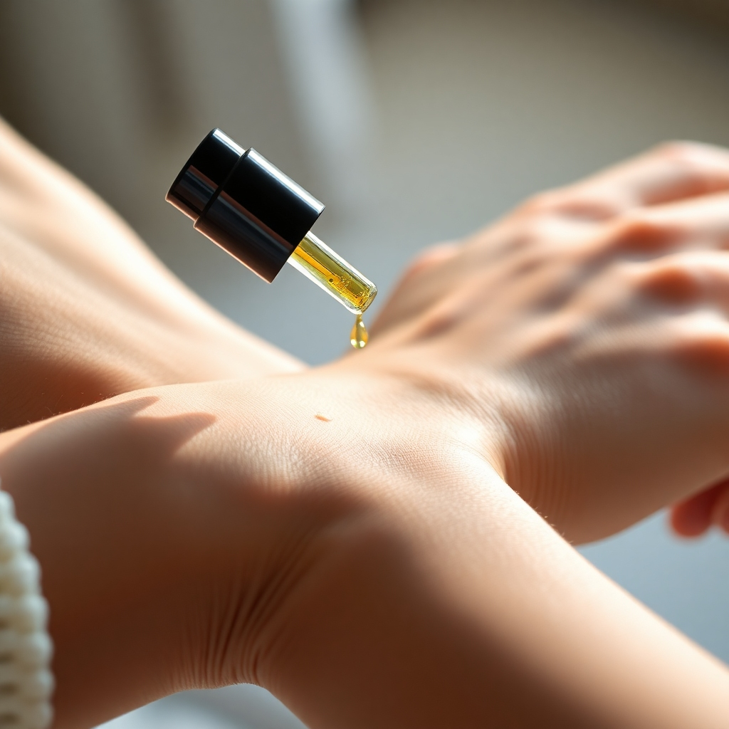 A close-up photorealistic image of a person's wrist with a rollerball bottle of essential oil being applied.  The bottle should be aesthetically pleasing, showing natural light and a subtle highlight. The background should be soft and blurred, focusing attention on the application.  The person's skin should appear healthy and relaxed.